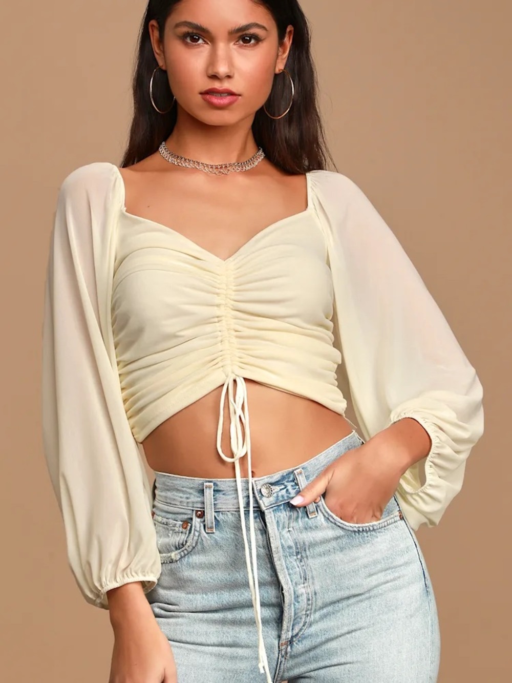 Lulu's Pale Yellow Ruched Tie-Front Blouson Sleeve Crop Top